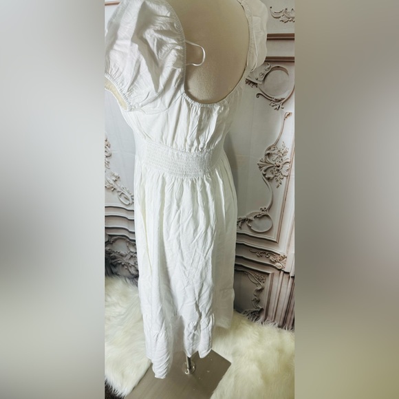 White Puff Sleeve Midi Dress with Tan Belt - Picture 3 of 6